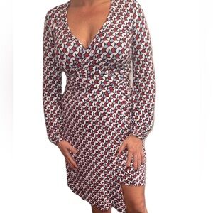 Boden Geometric Print Long Sleeve Wrap Dress Red White Blue Viscose Size 6L Long